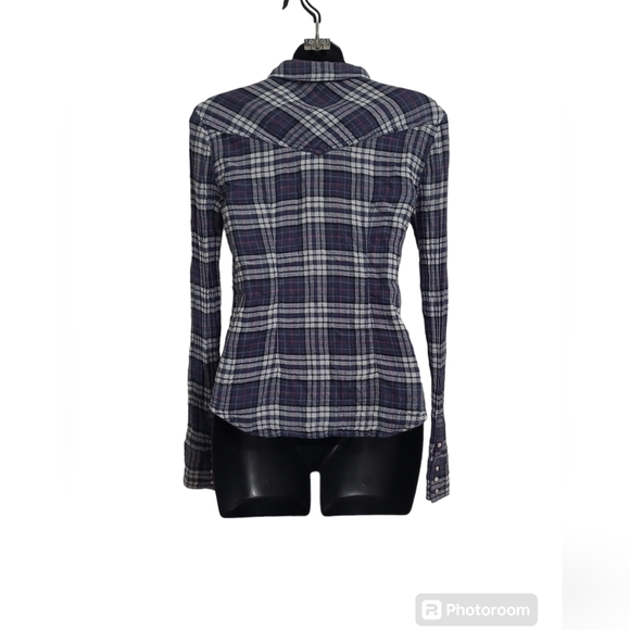 2 FOR💲1️⃣ American Eagle Blue/White Plaid 100% Cotton Snap Button-Down Sz 0 - Picture 6 of 12